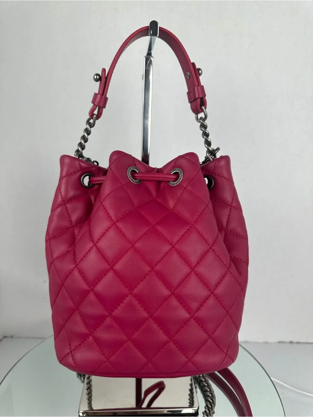 CHANEL Drawstring Bucket Bag – Pink Lambskin Quilted Leather Ruthenium Hardware